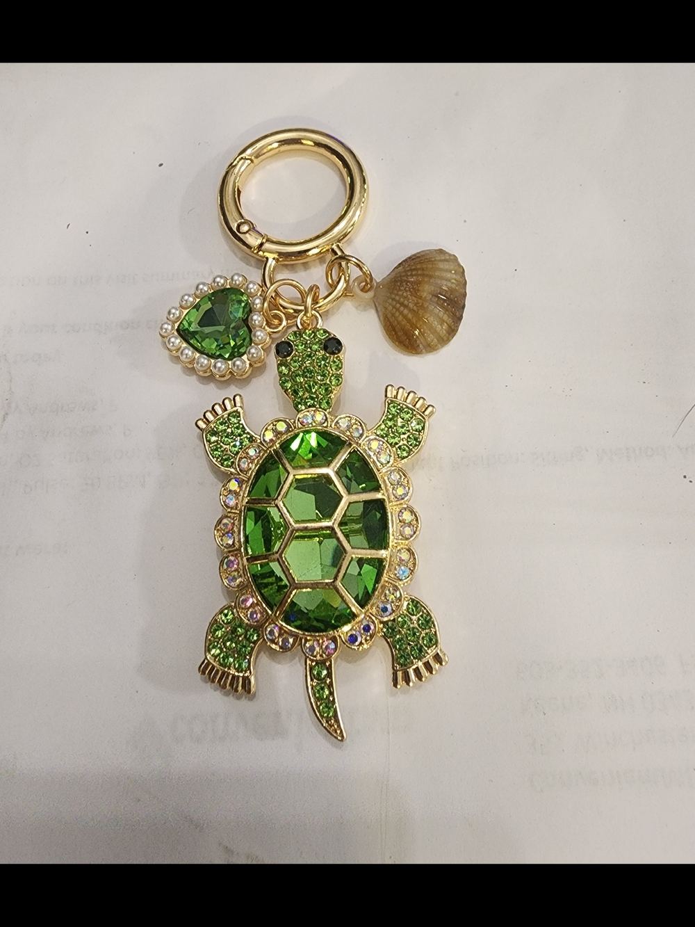Gold Turtle Keychain with Green Gem Accents